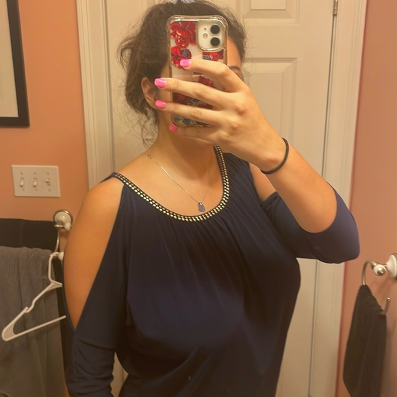 Open Shoulder Cut Out 3/4 Sleeve Navy Blue Blouse Top with Gold Beaded Neckline - Picture 2 of 5